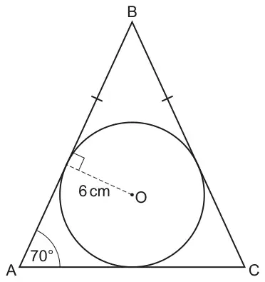 Isosceles triangle ABC with BA = BC marked equal, angle A = 70°, and a circle centre O inside touching all three sides; the radius of 6 cm is drawn perpendicular to AB