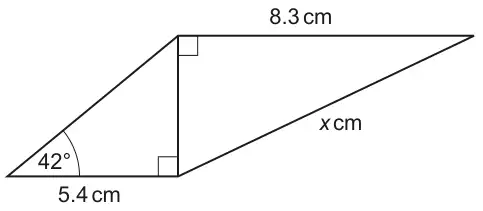 Two right-angled triangles sharing a vertical side. Left triangle: base 5.4 cm, angle 42° at the bottom left, right angle at the bottom of the shared side. Right triangle: top side 8.3 cm, right angle at the top of the shared side, hypotenuse x cm