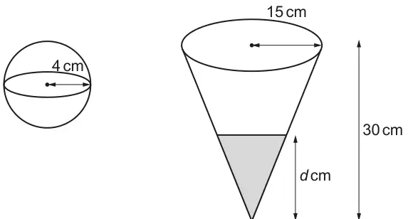 A sphere of radius 4 cm, and a cone with vertex at the bottom, top radius 15 cm and height 30 cm, containing water to a depth of d cm