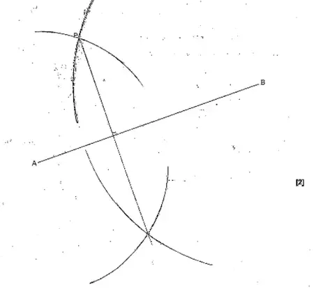 Exemplar A: arcs centred on A and B crossing below AB, with the line from P through the crossing point