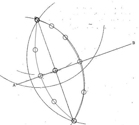 Exemplar B: arc from P cutting AB at A and another point, arcs crossing below AB, with overlay circles shown