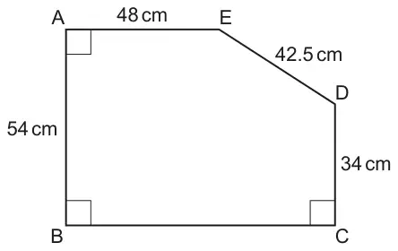 Pentagon ABCDE with right angles at A, B and C; AB = 54 cm, AE = 48 cm, ED = 42.5 cm, DC = 34 cm