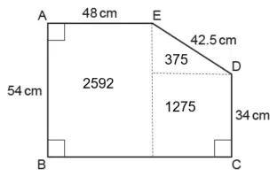 The pentagon split into a rectangle of area 2592 on the left, and on the right a triangle of area 375 below ED above a rectangle of area 1275