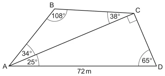 Quadrilateral ABCD with diagonal AC. AD = 72 m; angle ABC = 108°, angle BCA = 38°, angle BAC = 34°, angle ACD = 90° (right angle marked), angle CDA = 65° and angle CAD = 25°