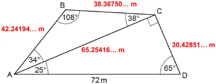 The quadrilateral with lengths marked: AB = 42.24194… m, BC = 38.36750… m, AC = 65.25416… m and CD = 30.42851… m