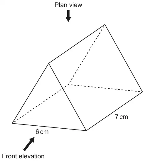 Triangular prism with an equilateral triangle cross-section of side 6 cm and length 7 cm. An arrow labelled Plan view points down onto the top and an arrow labelled Front elevation points at the triangular end