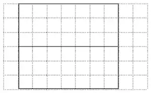 A 7 by 6 rectangle drawn on the square grid with a line through the middle parallel to the 7 cm sides