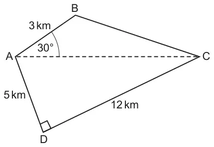 Quadrilateral ABCD with diagonal AC dashed; AB = 3 km, AD = 5 km, DC = 12 km, a right angle at D and angle BAC = 30°