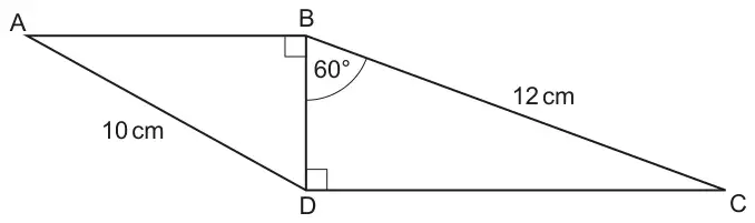 Triangle ABD with a right angle at B and triangle BCD with a right angle at D, sharing side BD; AD = 10 cm, BC = 12 cm and angle DBC = 60 degrees