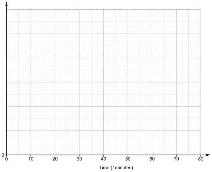 Blank grid with a horizontal axis Time (t minutes) from 0 to 80 and an unlabelled vertical axis starting at 0