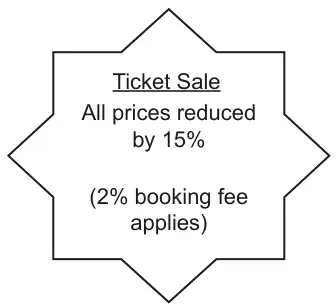 Star-shaped sign: Ticket Sale. All prices reduced by 15% (2% booking fee applies)