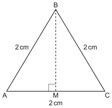 Equilateral triangle ABC with sides 2 cm; M is the midpoint of AC and a dashed line BM meets AC at a right angle