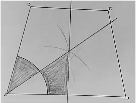 Sandpit ABCD with the bisector of angle A and the perpendicular bisector of AB drawn with construction arcs; two regions are shaded: inside the arc between AD and the angle bisector, and outside the arc between the angle bisector, AB and the perpendicular bisector