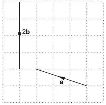 Grid with vector 2b drawn vertically downwards 4 squares and vector a drawn 3 squares left and 1 square up