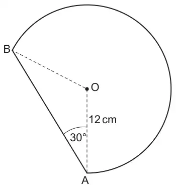 Major sector of a circle centre O, radius 12 cm, with the chord AB forming the straight edge; dashed radii OA and OB; angle OAB = 30 degrees