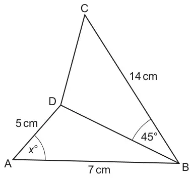 Quadrilateral ABCD with diagonal DB; AD = 5 cm, AB = 7 cm, BC = 14 cm, angle DAB = x° and angle DBC = 45°