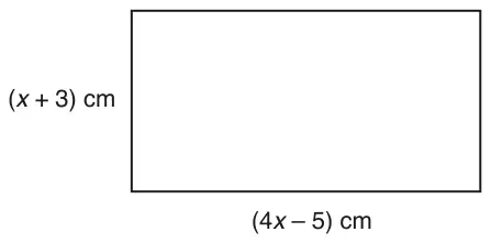 Rectangle with width (x + 3) cm on the left side and length (4x − 5) cm along the bottom