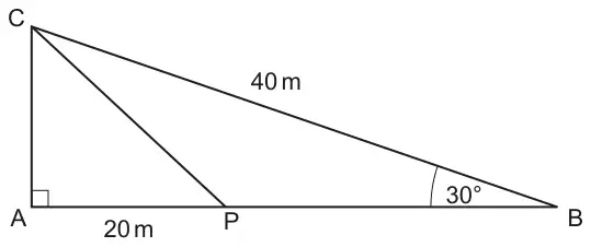 Right-angled triangle ABC with the right angle at A; P on AB with AP = 20 m; BC = 40 m and angle ABC = 30°; CP is joined
