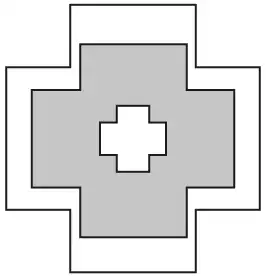 Three similar cross shapes one inside another: the smallest (unshaded) inside the middle one (shaded), inside the largest (unshaded border)