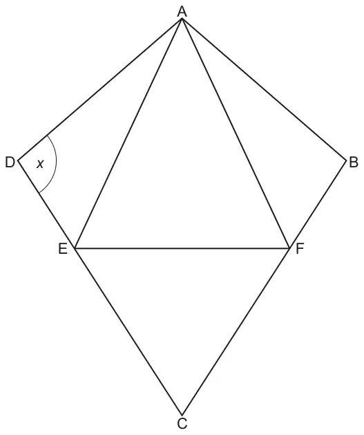 Kite ABCD with A at the top and C at the bottom. E lies on DC and F lies on BC; equilateral triangle AFE sits above equilateral triangle CEF, sharing side EF. Angle x is marked at D