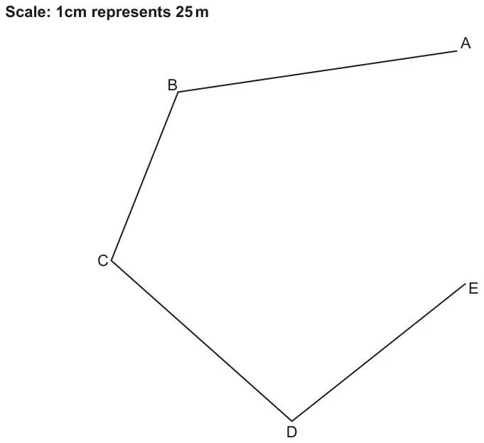 Scale drawing of a harbour with points A, B, C, D and E joined by straight lines A to B, B to C, C to D and D to E. Scale: 1 cm represents 25 m