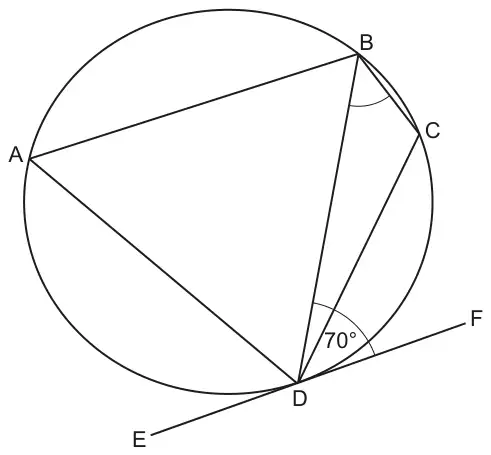 Cyclic quadrilateral ABCD in a circle with chord BD drawn; EF is the tangent at D; angle BDF = 70° is marked and angle CBD is marked