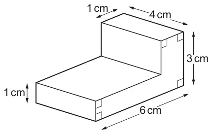 L-shaped prism of length 4 cm: the L-shaped cross-section has total width 6 cm, total height 3 cm, and the base and upright are each 1 cm thick