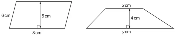 A parallelogram with base 8 cm, sloping side 6 cm and perpendicular height 5 cm; a trapezium with parallel sides x cm (top) and y cm (bottom) and perpendicular height 4 cm