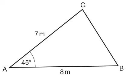 Triangle ABC with AB = 8 m along the bottom, AC = 7 m, and angle CAB = 45°