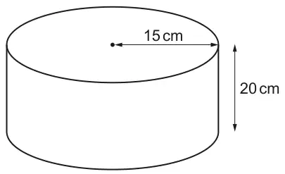 A cylinder standing on its circular base, radius 15 cm and height 20 cm