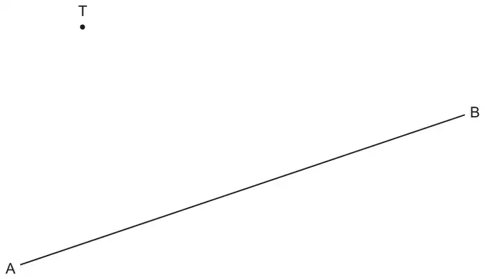 Point T marked above a straight road drawn from A, at the bottom left, up to B, at the right