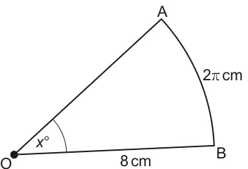 Sector AOB with radius OB = 8 cm, angle x° at O and arc AB of length 2π cm
