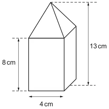 A square-based pyramid on top of a cuboid; the cuboid has base side 4 cm and height 8 cm, and the total height of the object is 13 cm