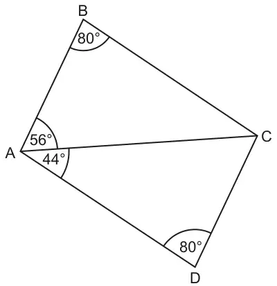 Quadrilateral ABCD split by diagonal AC into triangles ABC and ACD; angle ABC = 80 degrees, angle BAC = 56 degrees, angle CAD = 44 degrees and angle ADC = 80 degrees