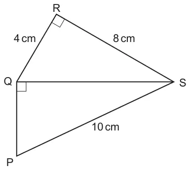 Triangle QRS with a right angle at R, QR = 4 cm and RS = 8 cm; triangle PQS with a right angle at Q and PS = 10 cm; QS is a common side