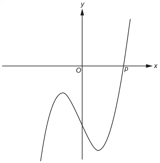 Sketch of a cubic curve with a maximum and a minimum both below the x-axis, crossing the x-axis once at p on the positive x-axis