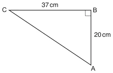Right-angled triangle ABC with the right angle at B; AB = 20 cm (vertical) and CB = 37 cm (horizontal)