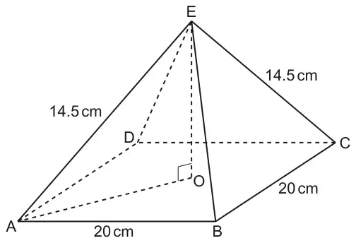 Square-based pyramid ABCDE with apex E above O, the centre of the base; base edges AB and BC are 20 cm and sloping edges EA and EC are 14.5 cm