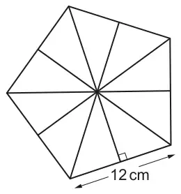 Regular pentagon with side 12 cm divided into ten congruent right-angled triangles meeting at the centre