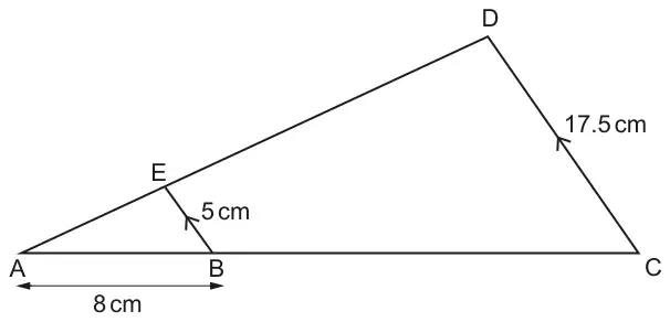 Triangle ADC with E on AD and B on AC; EB is parallel to DC. AB = 8 cm, BE = 5 cm and CD = 17.5 cm