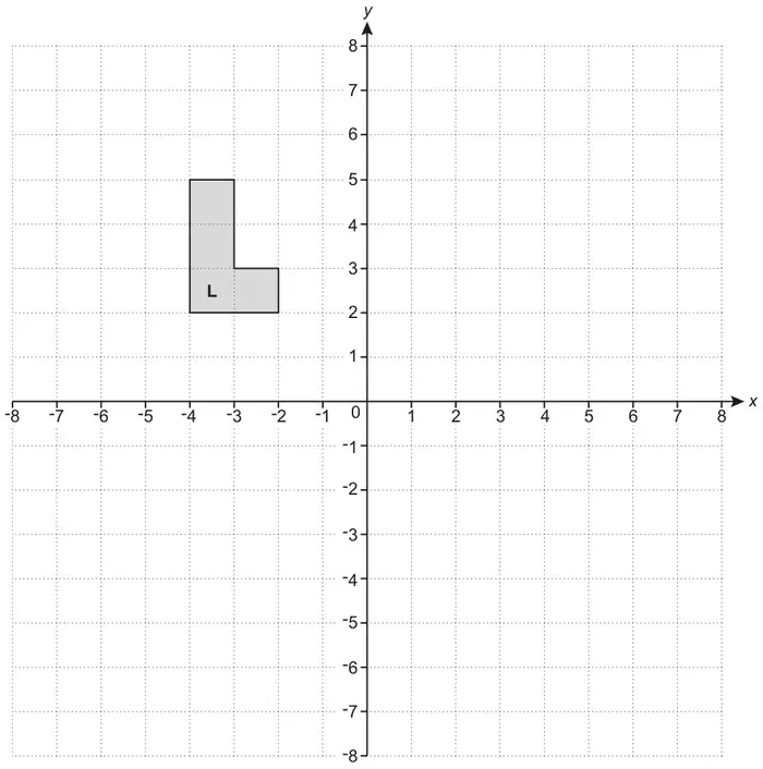 Coordinate grid with x and y from −8 to 8. Shape L is an L-shape with vertices (−4, 2), (−4, 5), (−3, 5), (−3, 3), (−2, 3) and (−2, 2)