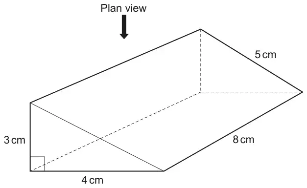 Triangular prism of length 8 cm; the right-angled triangular cross-section has sides 3 cm and 4 cm about the right angle and hypotenuse 5 cm. An arrow labelled Plan view points down onto the top of the prism