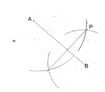 Construction with arcs centred on A and B meeting below AB, and a line from P through the intersection