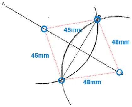 Construction forming a kite with sides marked 45 mm and 48 mm, and a line from P to the opposite vertex