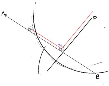Construction with one arc centred on P cutting AB twice and an inaccurate line from P