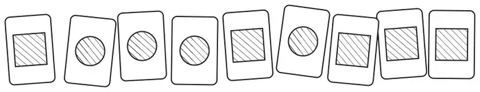 Nine cards in a row: four cards show a circle and five cards show a square