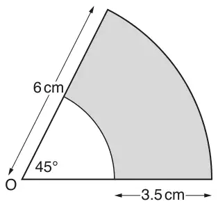 Two sectors with centre O and angle 45°: the large sector has radius 6 cm; the small unshaded sector is cut out of it, leaving a shaded band 3.5 cm wide along the bottom edge