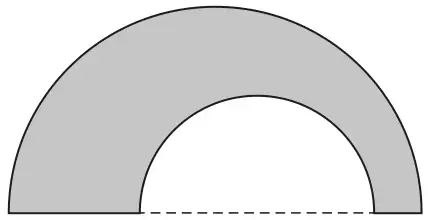 A shaded shape between a large semicircle and a smaller semicircle with the same centre, standing on a common straight line; the diameter of the small semicircle is shown dashed