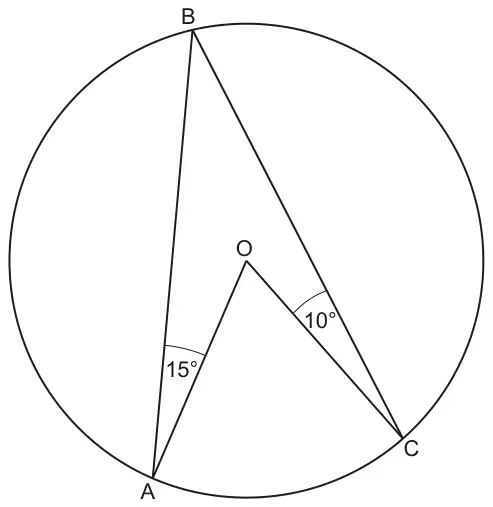 Circle with centre O and points A, B and C on the circumference. Lines AB, BC, OA and OC are drawn. Angle OAB = 15° and angle BCO = 10°
