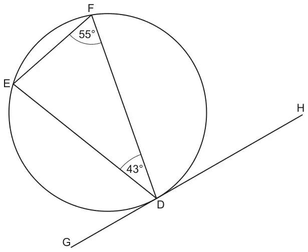 Circle with triangle EFD inscribed and the tangent GDH touching the circle at D. Angle EFD = 55° and angle FDE = 43°